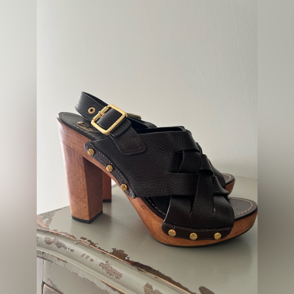 Tory Burch Leather Wood Heels Size 10